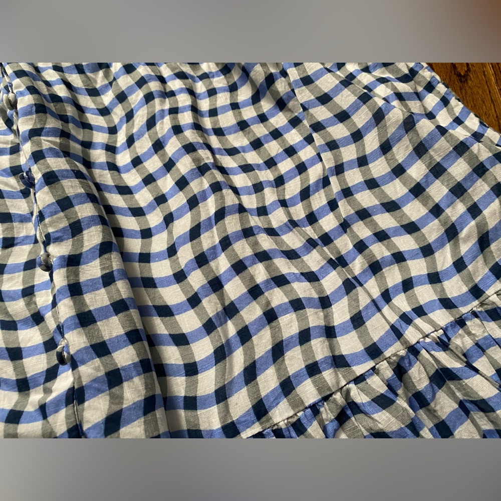 Anthropologie- Peregrine Blue and White Wavy Gingham Check Dress flutter sleeve - Picture 6 of 16